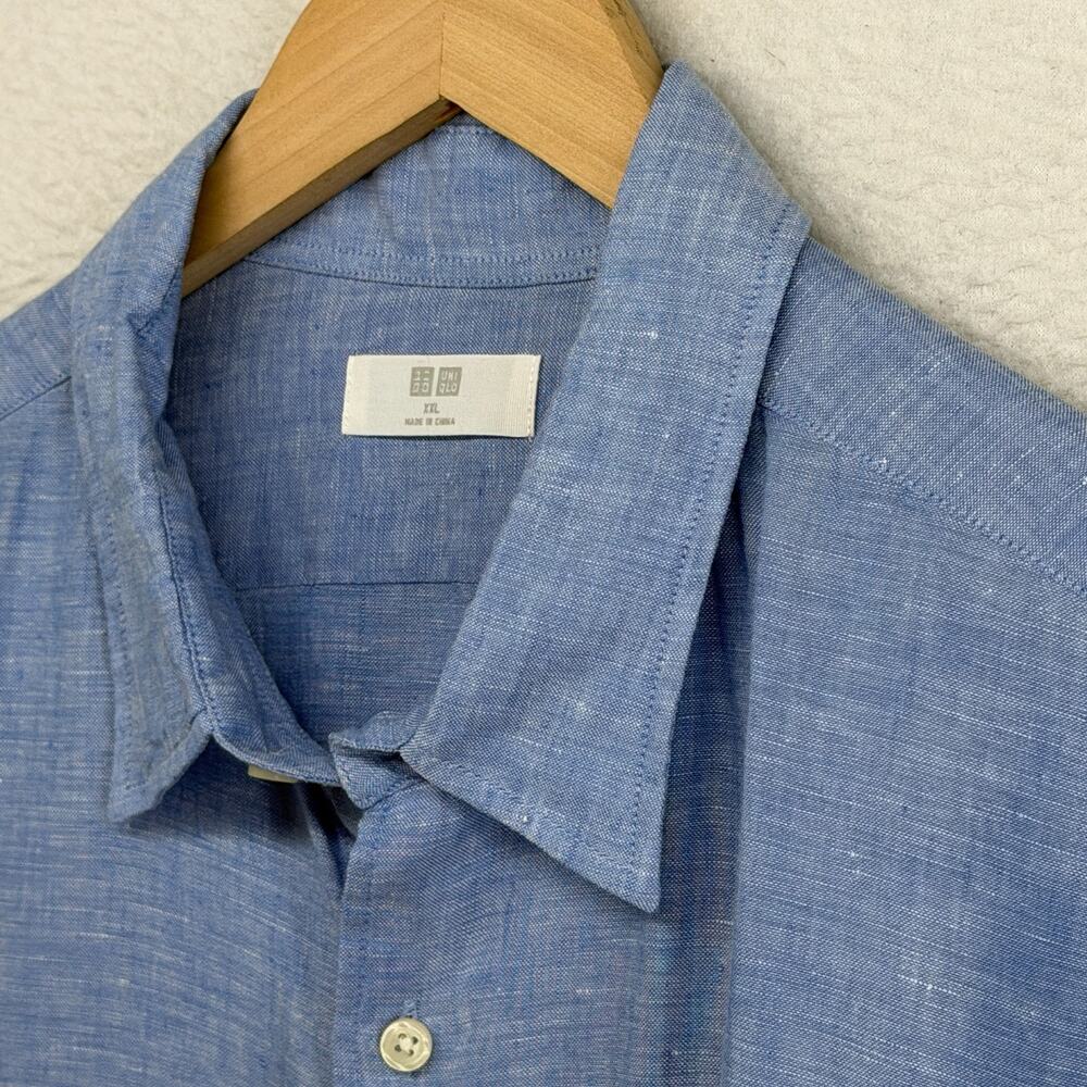 UNIQLO Shirt Mens XXL Premium Linen Lightweight Button Up Long Sleeve Woven Blue